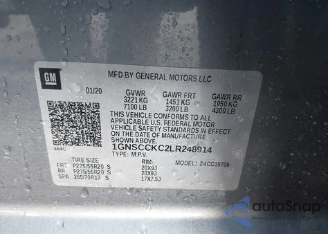 2020 Chevrolet Tahoe 2Wd Premier из США, поврежденный, VIN 1GNSCCKC2LR248914